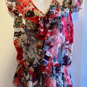 RW&CO. Red and Pink V-Neck Flutter Sleeve Blouse with Ruffled Peplum Top